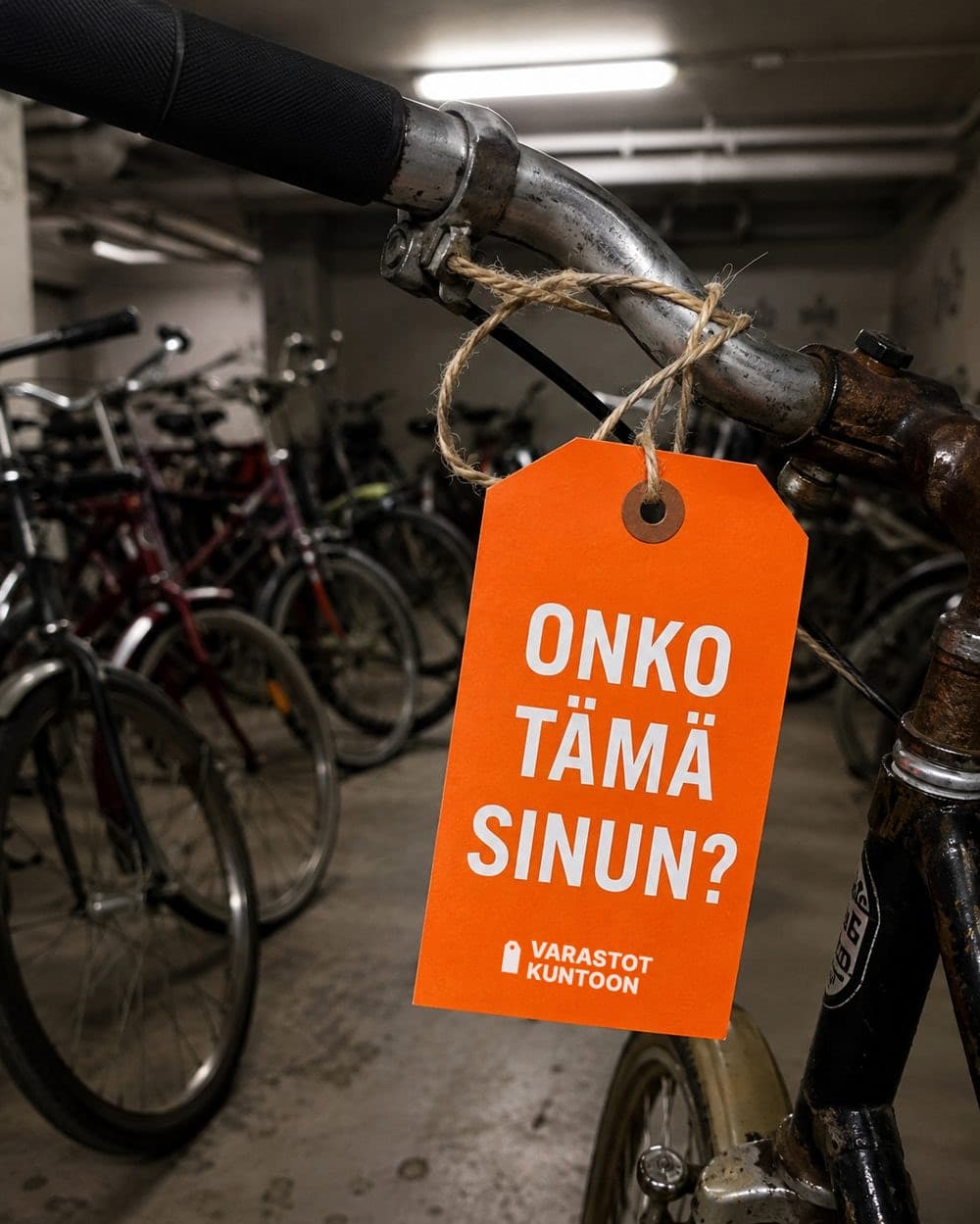Oranssi merkintälappu pyörän tangossa, lapussa Varastot Kuntoon -logo, taustalla täysi pyörävarasto